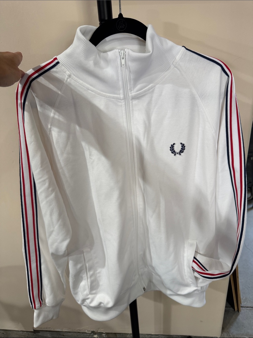 Fred Perry White Track Jacket with Red & Navy Stripe - vintage